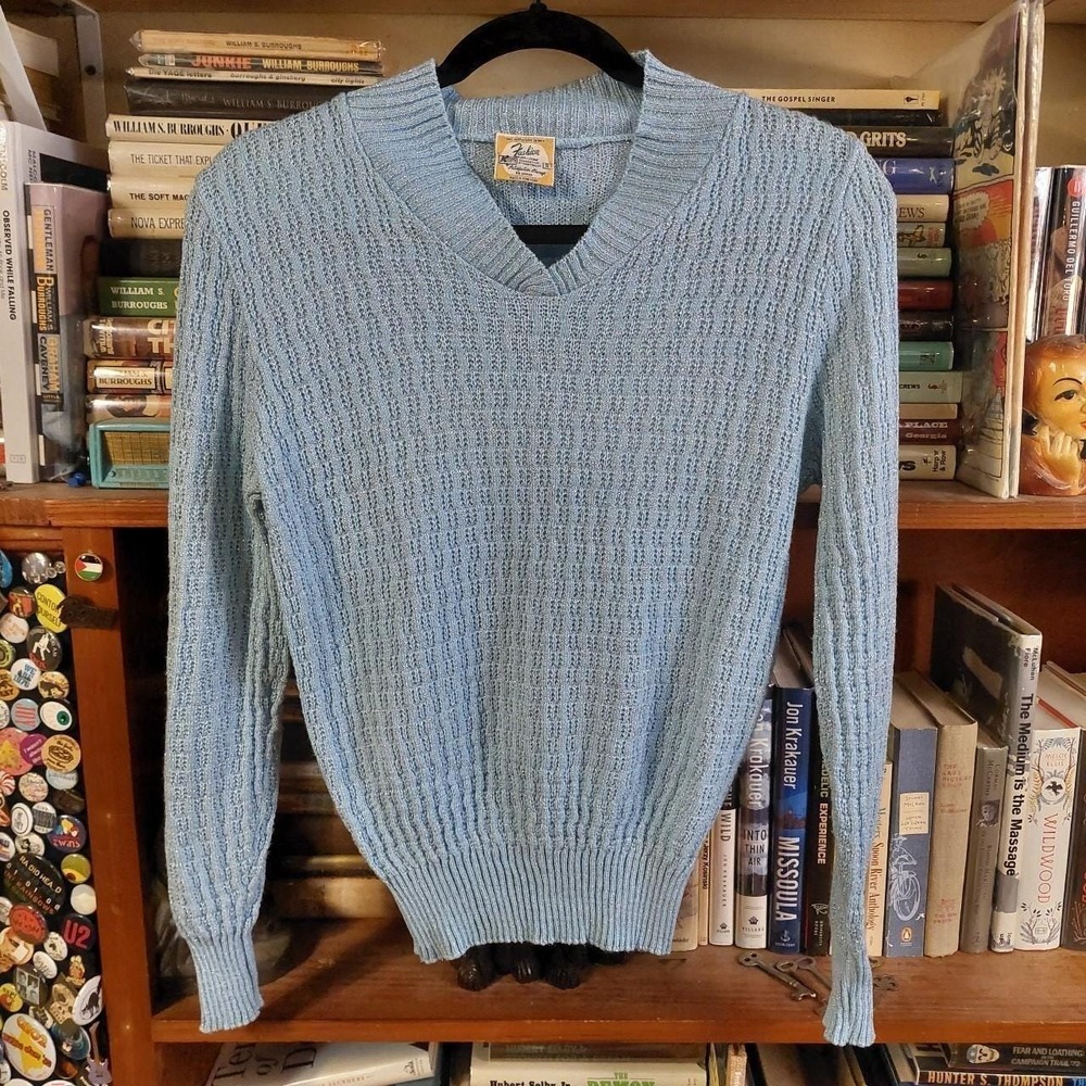 Vintage 70s K-mart Baby Blue Silver Metallic Shimmer V-Neck‎ Sweater Small